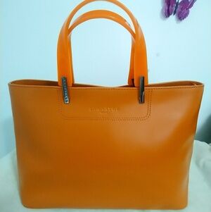 Lamarthe Paris Orange Leather Tote Bag Resin Acrylic Handles Zip Top Flap